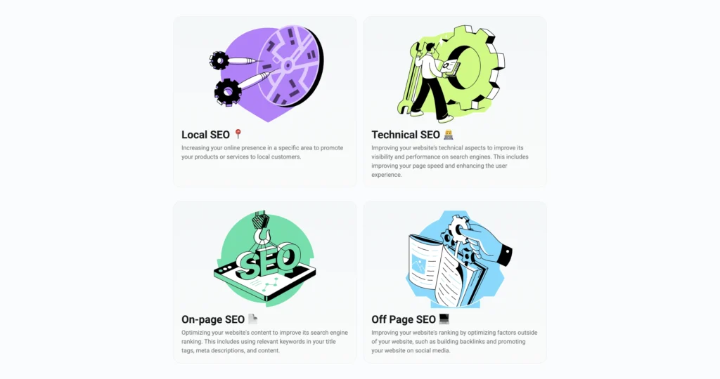 SEO features offered by WordPress Webers in the name of Local, Technical, On page and Off Page SEO