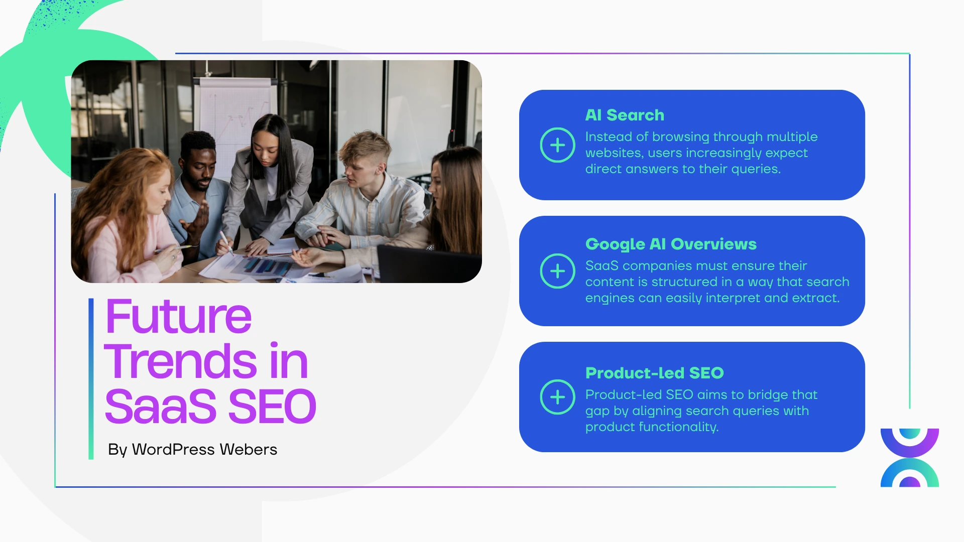 Future trends in SaaS SEO slide showing AI search, Google AI overviews, and product-led SEO strategies alongside a team discussing analytics. The graphic explains how AI-driven search and structured content are shaping modern SaaS SEO strategies.