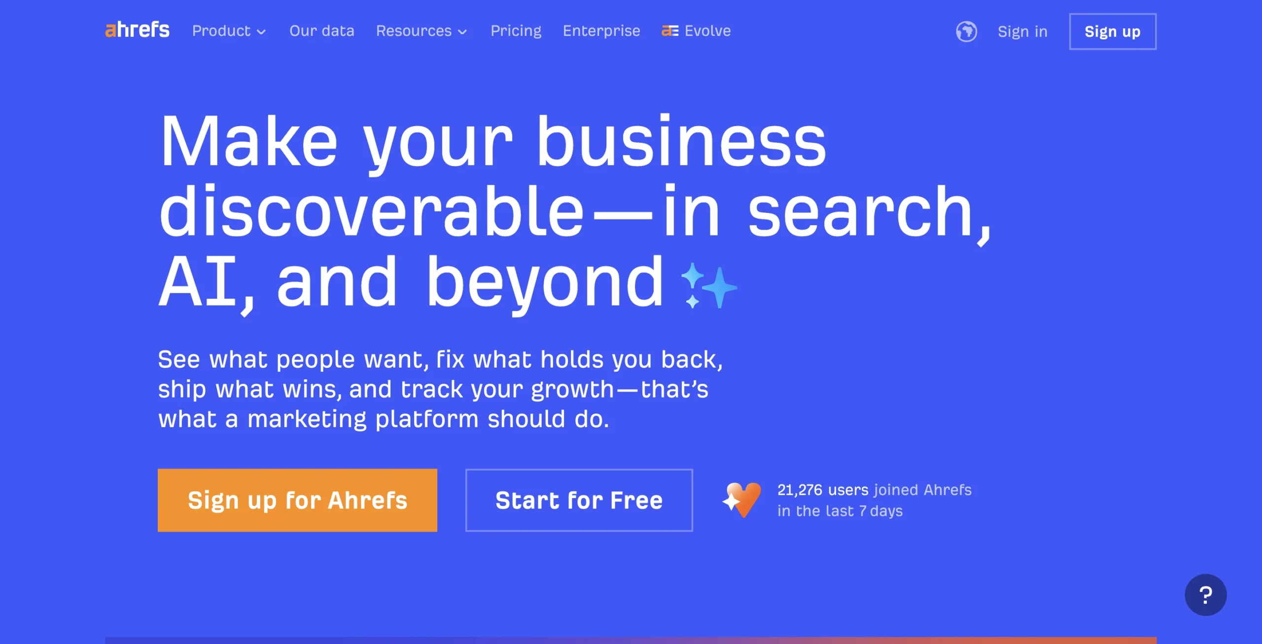 Screenshot of the Ahrefs SEO platform homepage promoting tools for keyword research, site auditing, and search visibility optimization. The interface highlights features for improving organic traffic and tracking SEO performance.