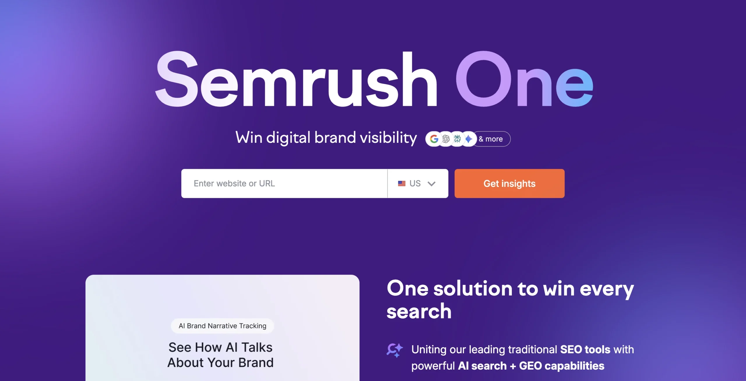 Semrush SEO platform homepage showcasing tools for keyword research, competitor analysis, and digital marketing insights. The interface highlights an all-in-one solution for improving online visibility and search rankings.