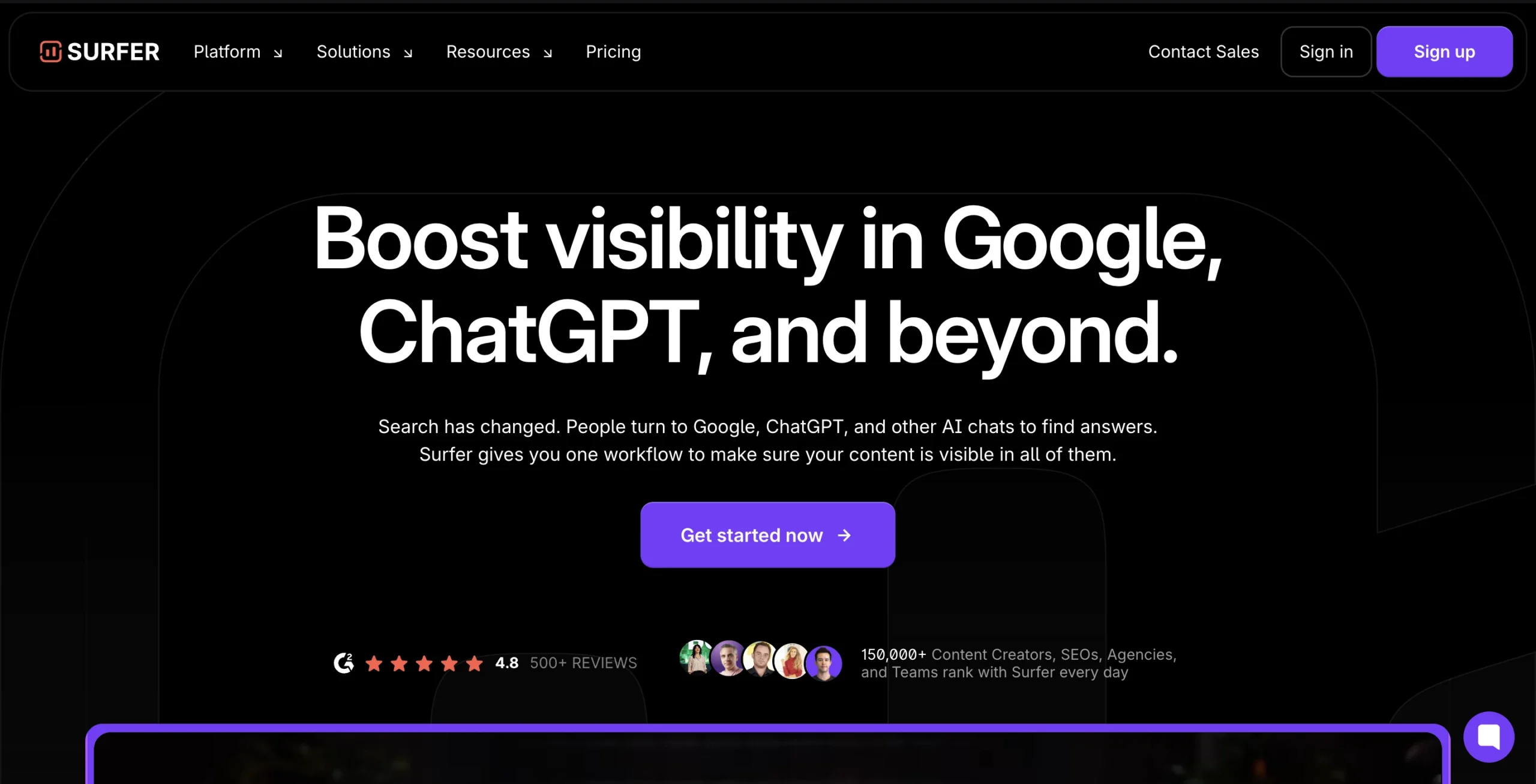 Surfer SEO homepage promoting content optimization tools designed to improve rankings in Google and AI search platforms. The platform helps marketers create data-driven content optimized for search engines and AI discovery.